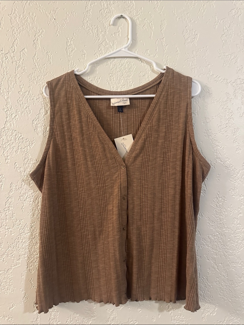 Taupe Brown Ribbed V-Neck Button Tank
